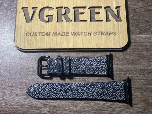 Black stingray watch strap for Apple Watch Series 11, padded with color-matched black adapter
