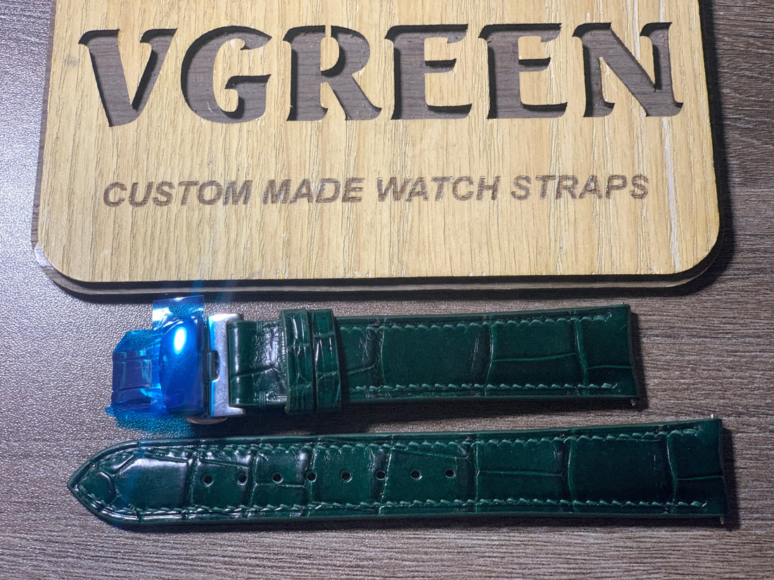 Dark green crocodile curved-end strap for Seiko SFK003J1, deployant clasp