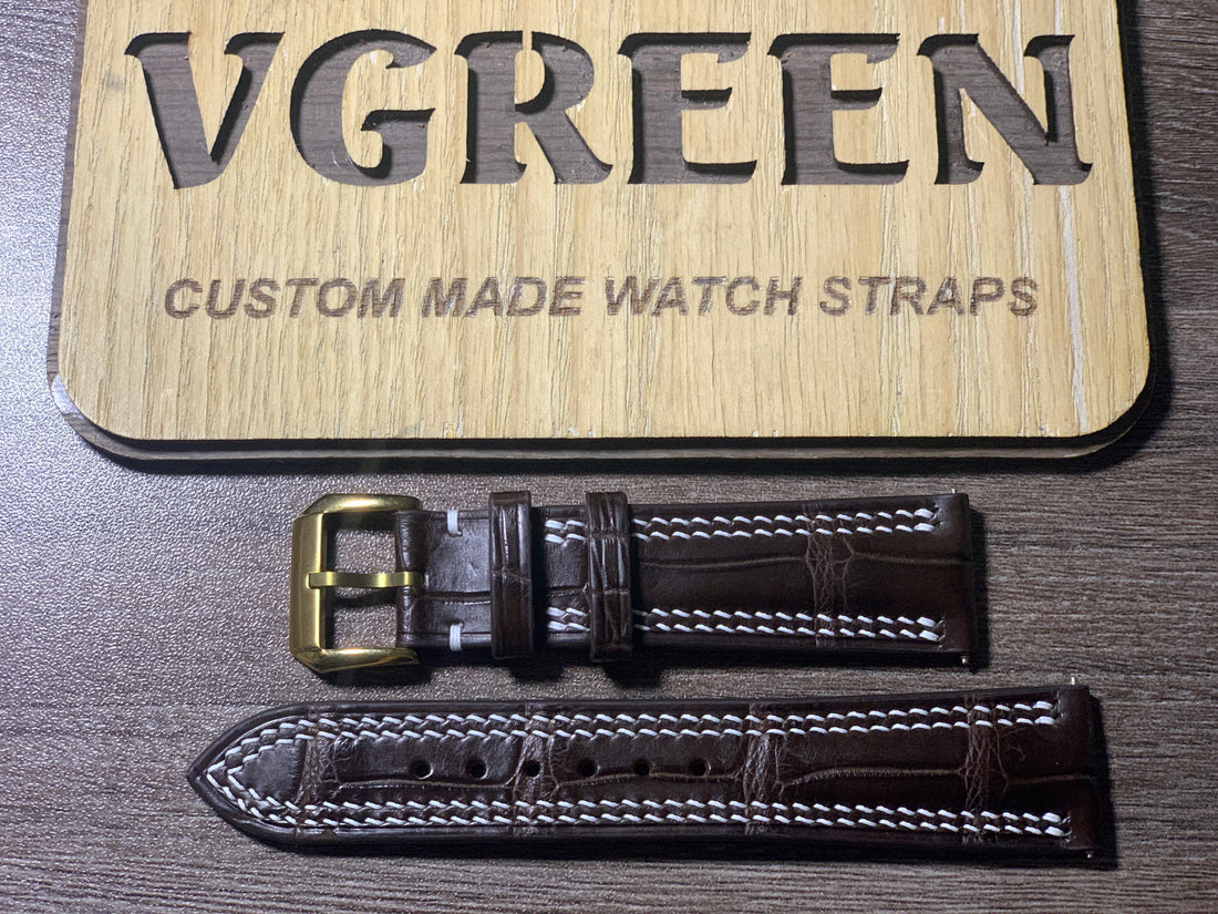 Brown crocodile watch strap for JLC Master Compressor, double white stitching