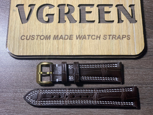 Brown crocodile watch strap for JLC Master Compressor, double white stitching