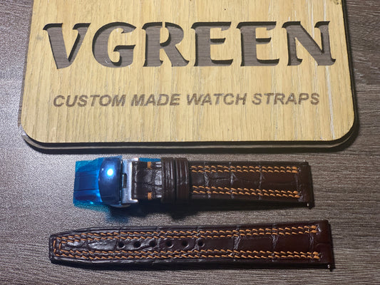 Oxblood crocodile watch strap for Omega Pie Pan Constellation, golden brown stitching