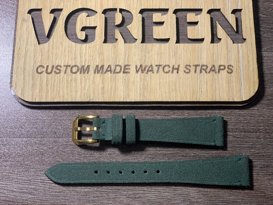 Green suede watch strap for vintage Omega 192.0074, 12mm gold buckle