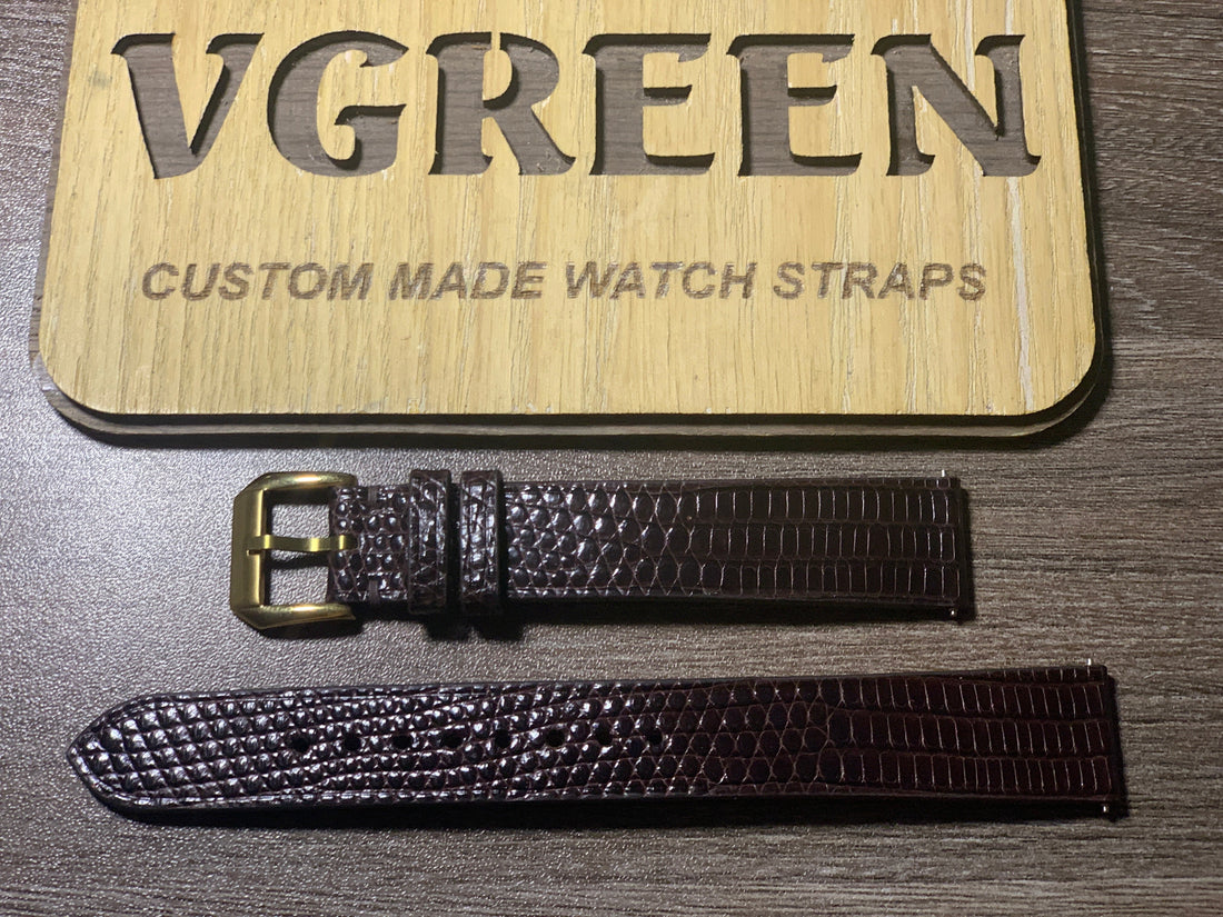 Dark brown lizard watch strap for vintage Omega Geneve, gold buckle