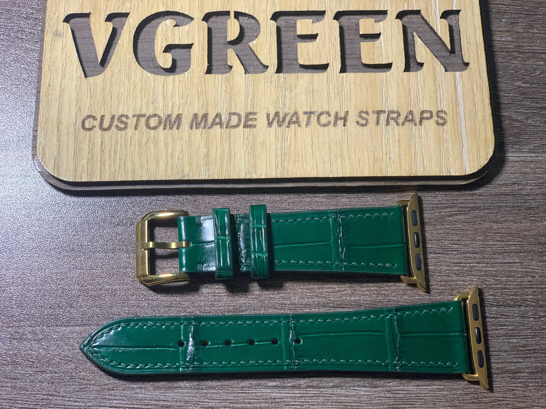 Green crocodile watch strap for Apple Watch, gold adapter