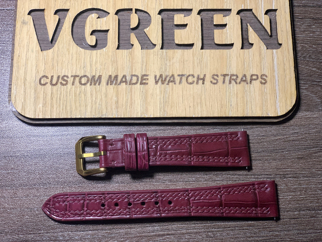 Burgundy crocodile watch strap for vintage Breitling Calisto, narrow 10mm