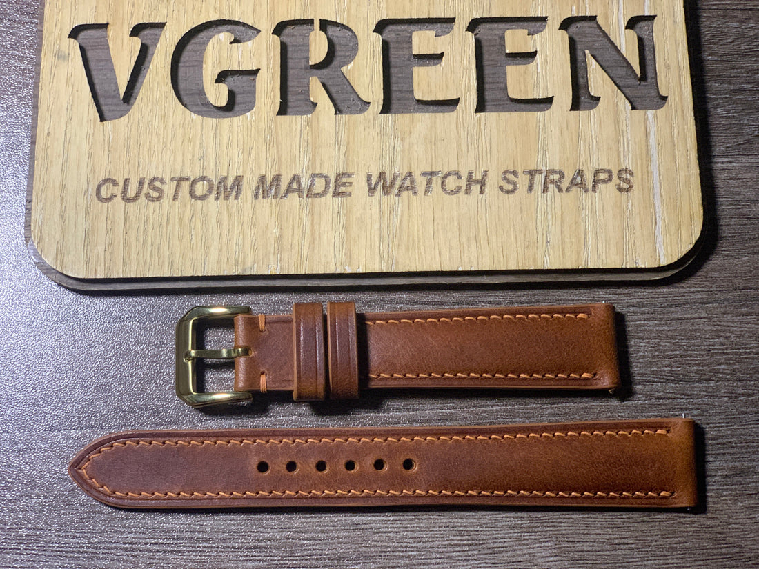 Cognac Badalassi Wax leather watch strap for a vintage Omega automatic