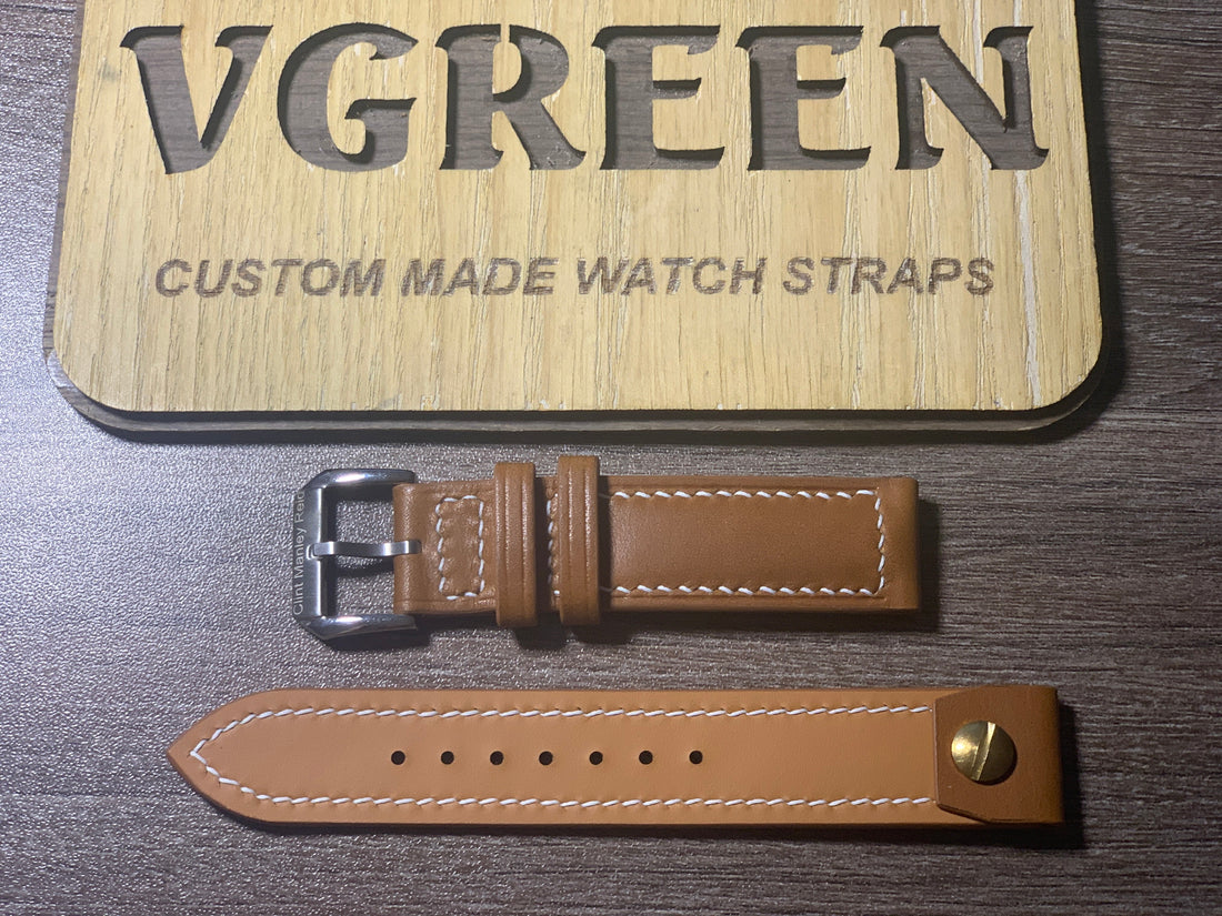 Barenia open-ended strap for a Hamilton Khaki Field watch, white box stitching
