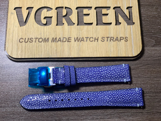 Blue stingray watch strap for Grand Seiko SBGA407, powder-blue stitching and deployant clasp
