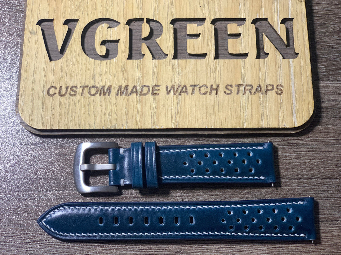 Teal shell cordovan racing watch strap for Hamilton Intra-Matic, white stitching