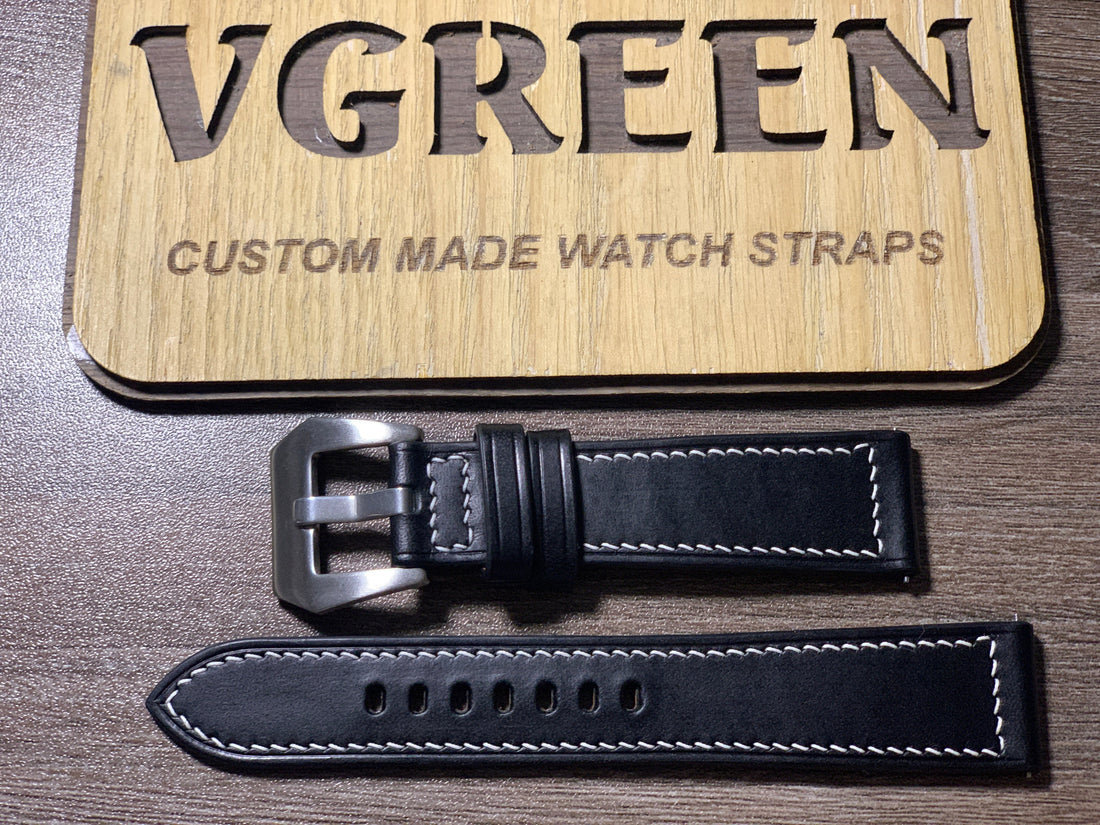 Black Buttero leather watch strap for IWC Pilot, white box stitching