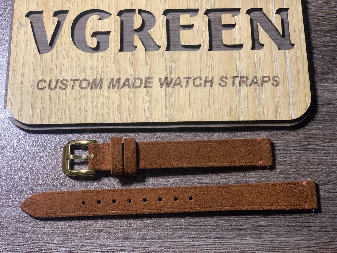 Dark brown suede watch strap for vintage Rolex Prince, 12mm gold buckle