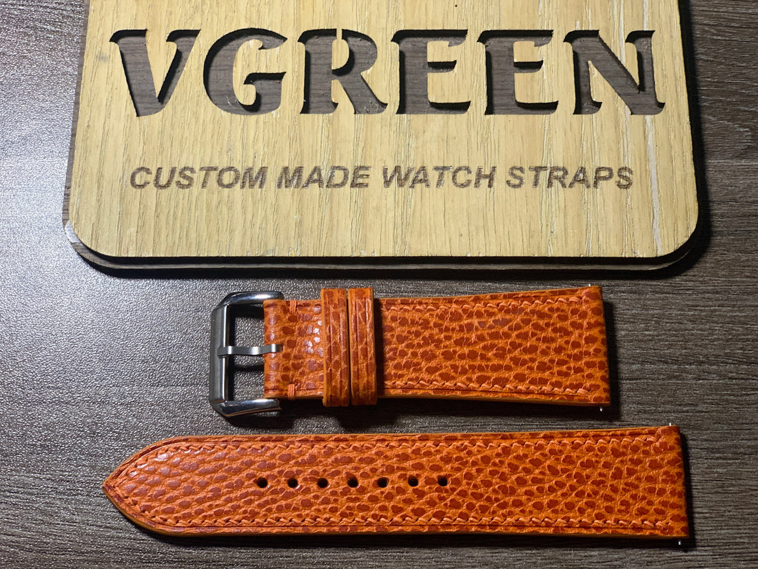 Orange dollaro watch strap for a 1970s Vulcain with asymmetric 27mm and 24mm lugs
