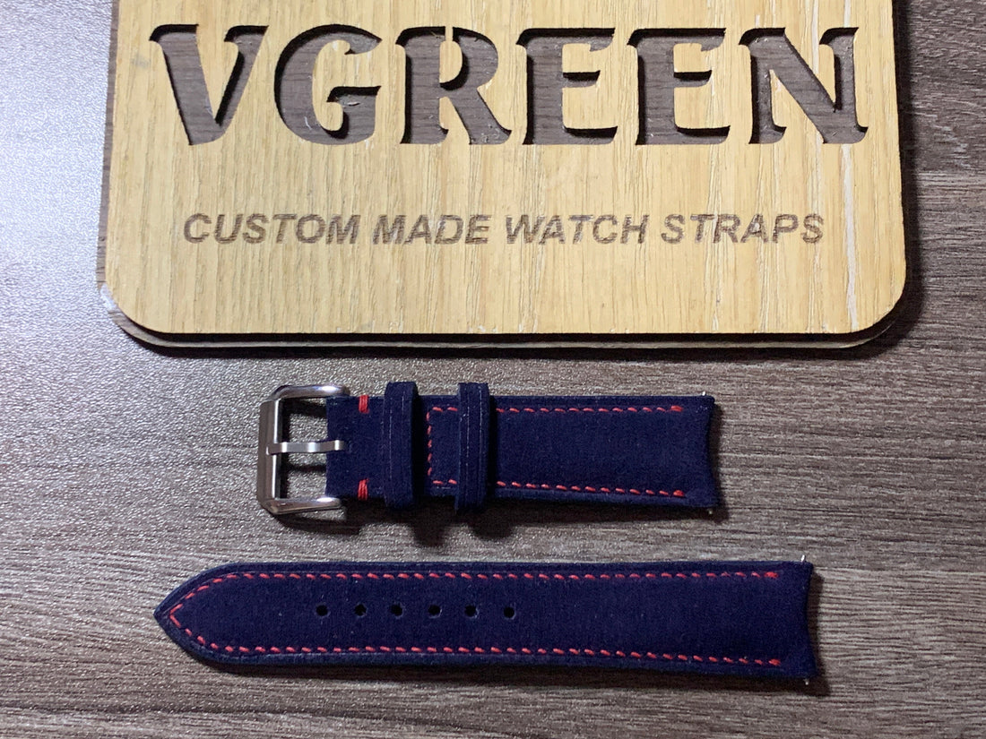 Midnight blue suede watch strap for Origin Railway Edition, curved ends