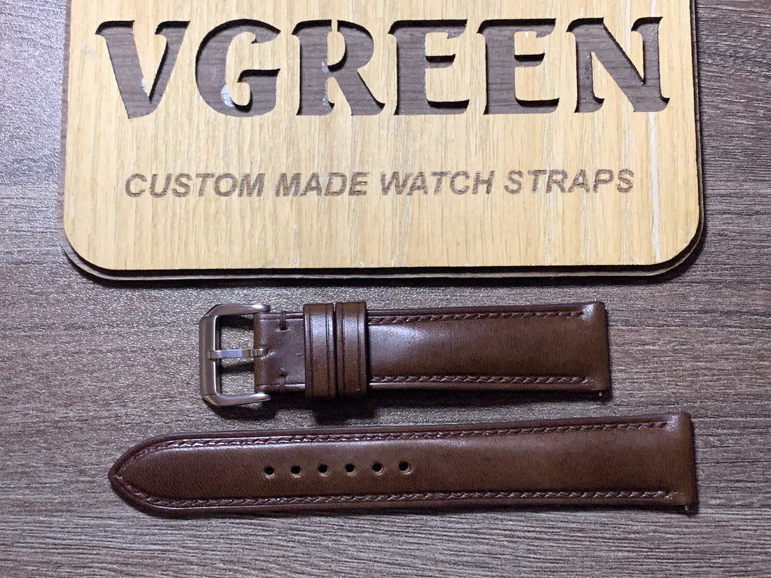 Dark brown Buttero leather watch strap for Orient Bambino V7, padded with matching stitching