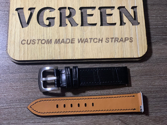 Black crocodile integrated strap for Cartier Santos Dumont, shaped lug ends