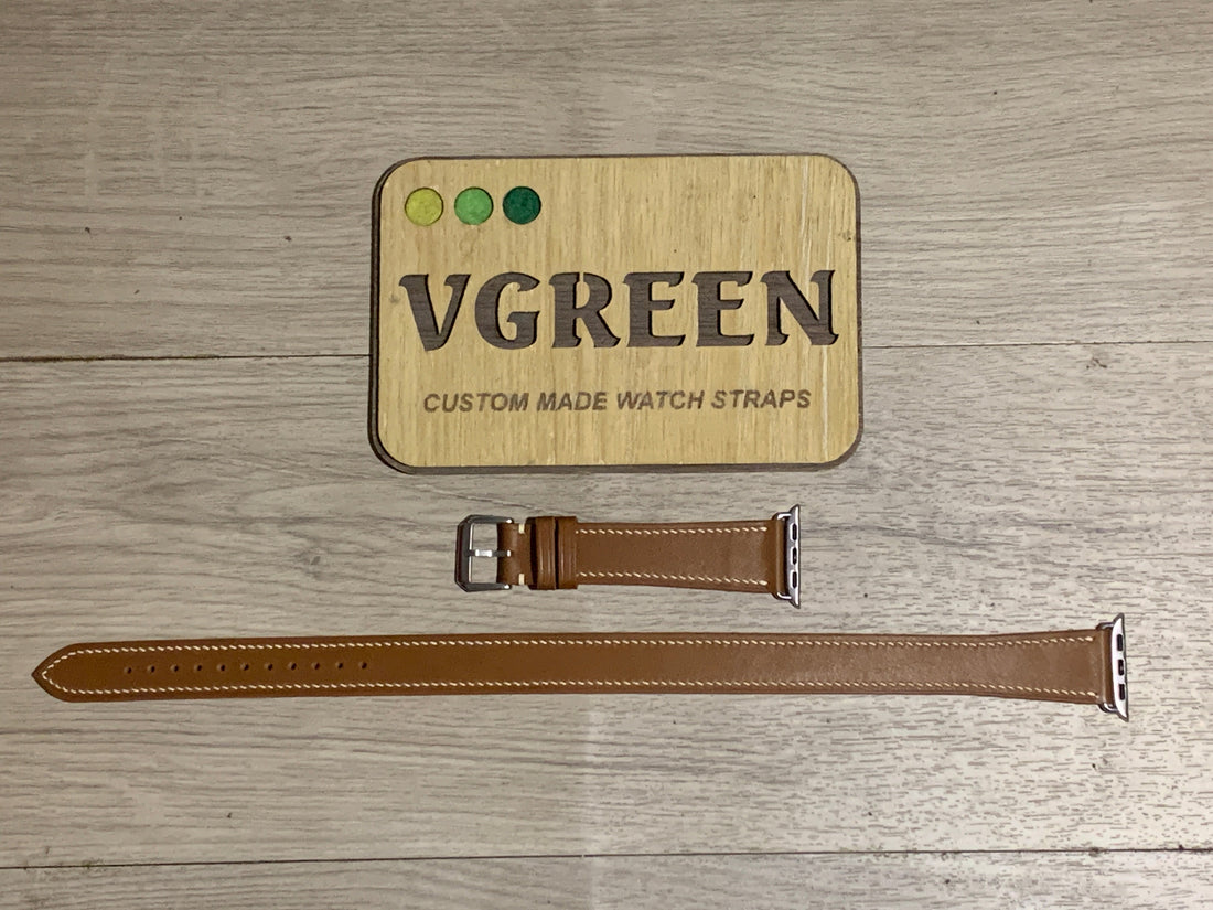 Brown Barenia double tour watch strap for Apple Watch, silver adapter