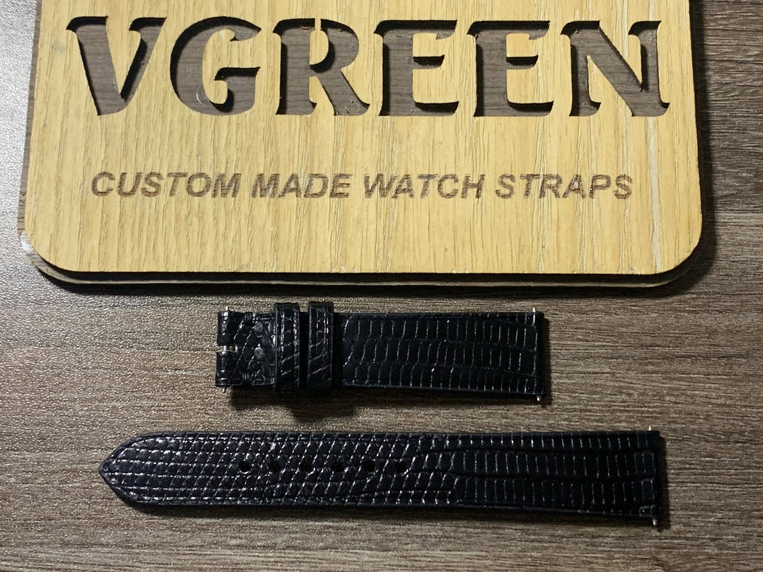 Black lizard watch strap for vintage Longines Les Grandes Classiques, 16 mm
