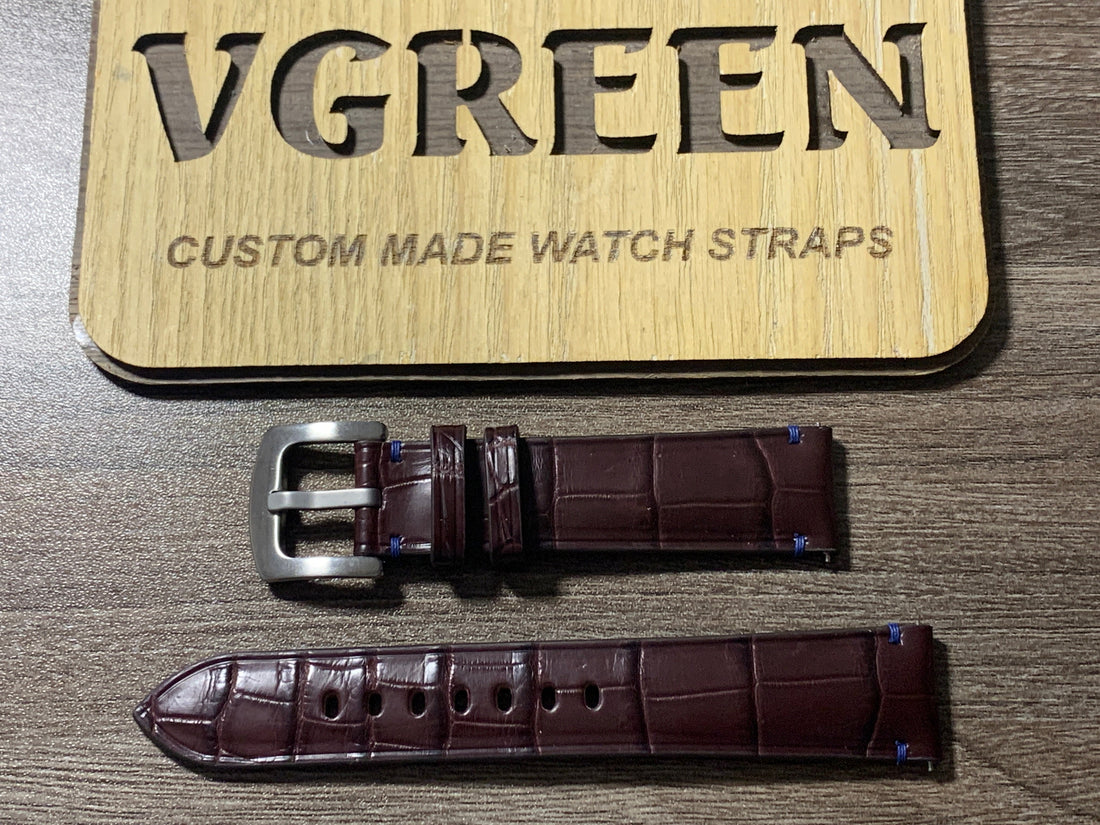 Brown crocodile watch strap for Hamilton Khaki Navy Scuba 40mm with royal blue stitching