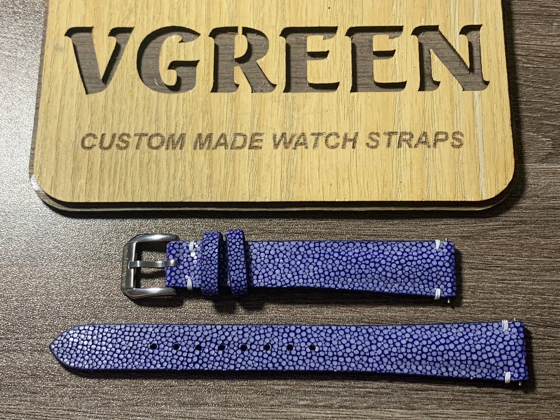 Blue stingray watch strap for vintage Rolex Oyster, 14 mm buckle
