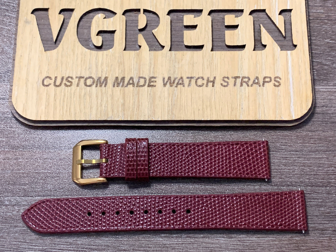 Red lizard watch strap for a vintage Omega Seamaster, gold buckle, no stitching