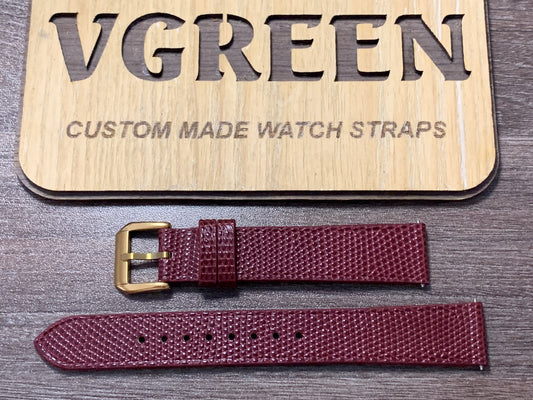 Red lizard watch strap for a vintage Omega Seamaster, gold buckle, no stitching