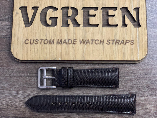 Dark brown lizard watch strap for Michel Herbelin Art Deco, tapered 21mm to 18mm with padding