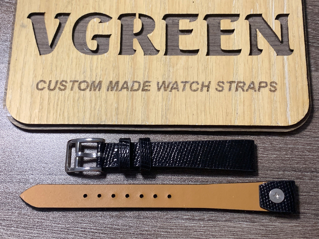 Black lizard open-ended watch strap for a vintage Zenith, 15mm lug width