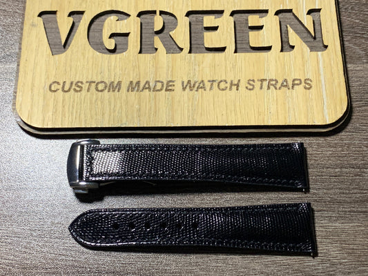 Black lizard leather watch strap for a 1940s Omega jumbo, deployant clasp