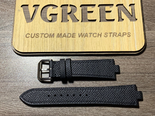 Black Epsom corner-notched watch strap for Seiko 7N42-7189, 22mm notched shoulders
