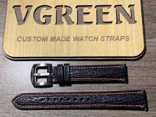 Black shark skin watch strap for vintage Seiko 6139 chronograph, orange side stitching