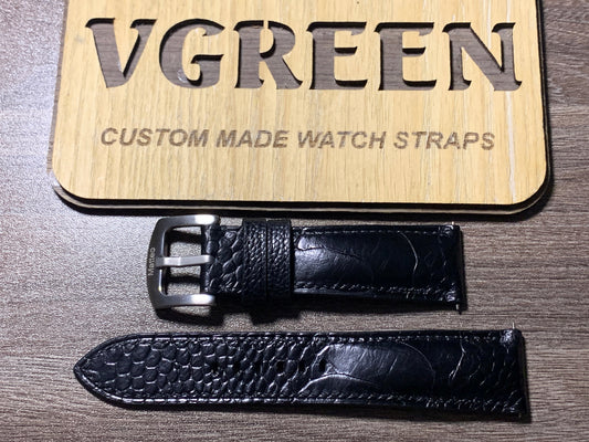 Black ostrich leg watch strap for a Blancpain Fifty Fathoms, 75/125mm with a 20mm buckle