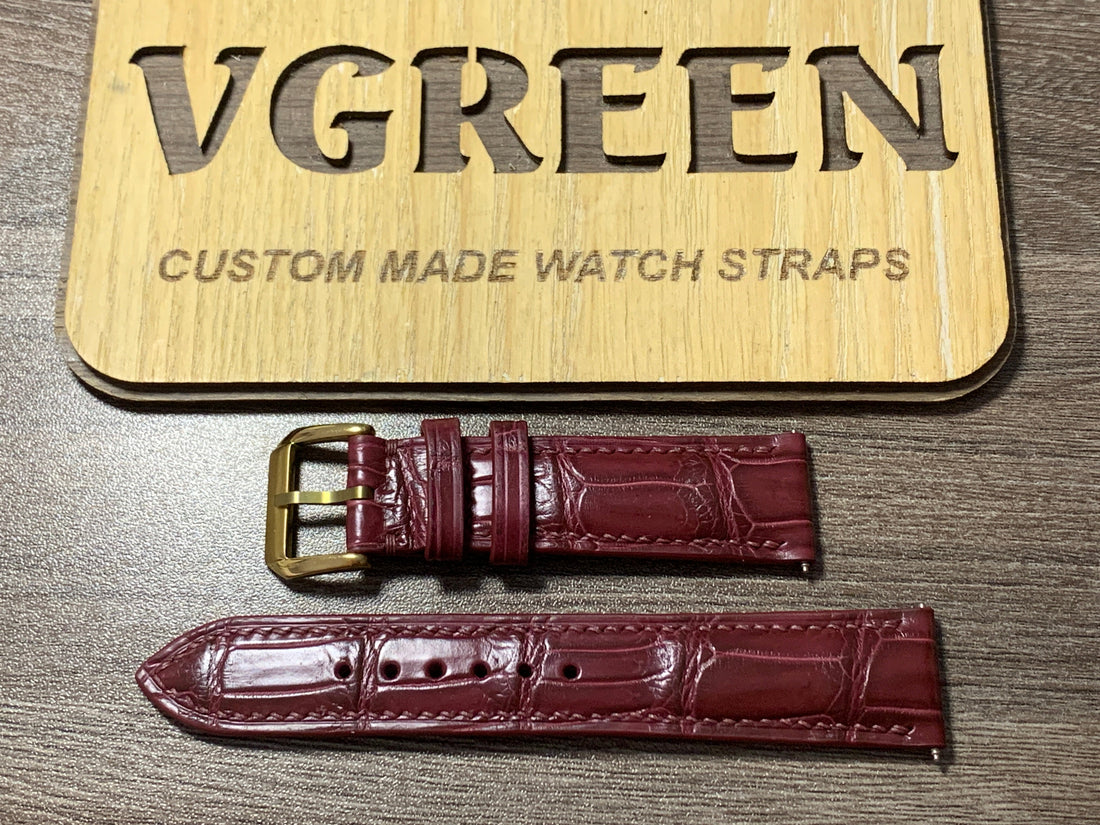 Burgundy crocodile leather watch strap for Audemars Piguet Millenary, gold buckle