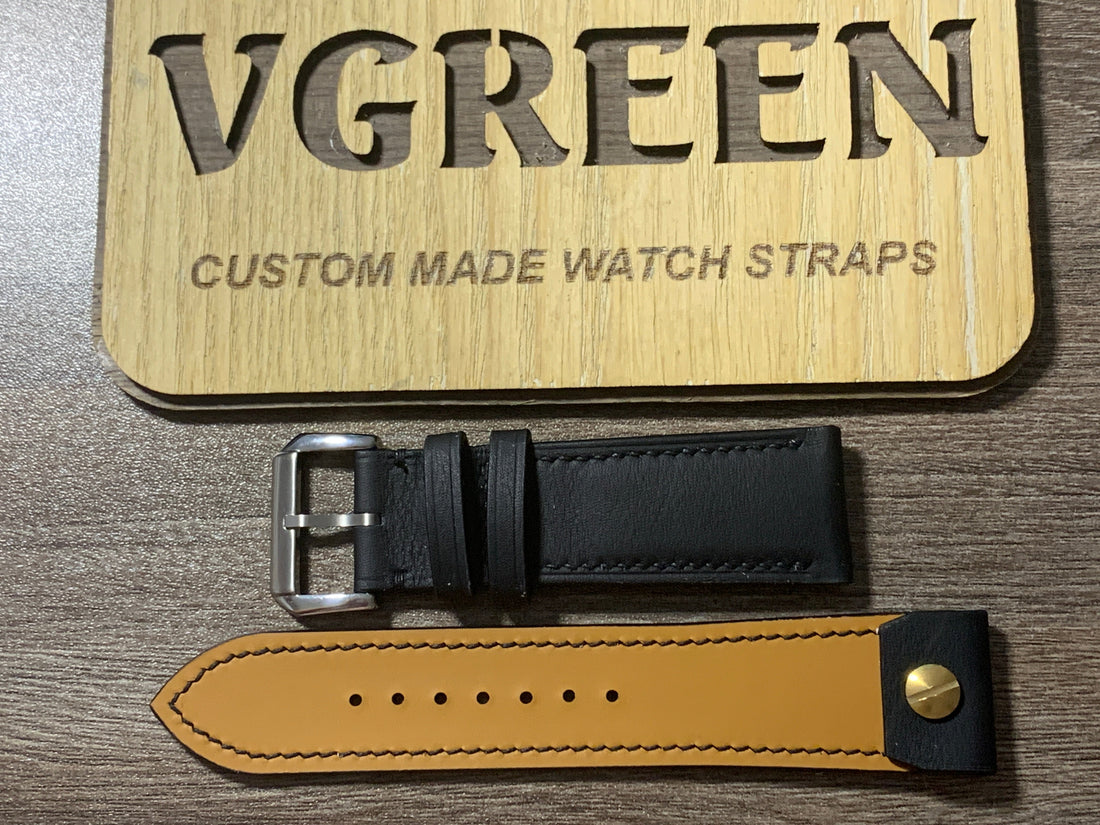 Black Swift leather open-ended watch strap for a Bertucci A-4T, full strap