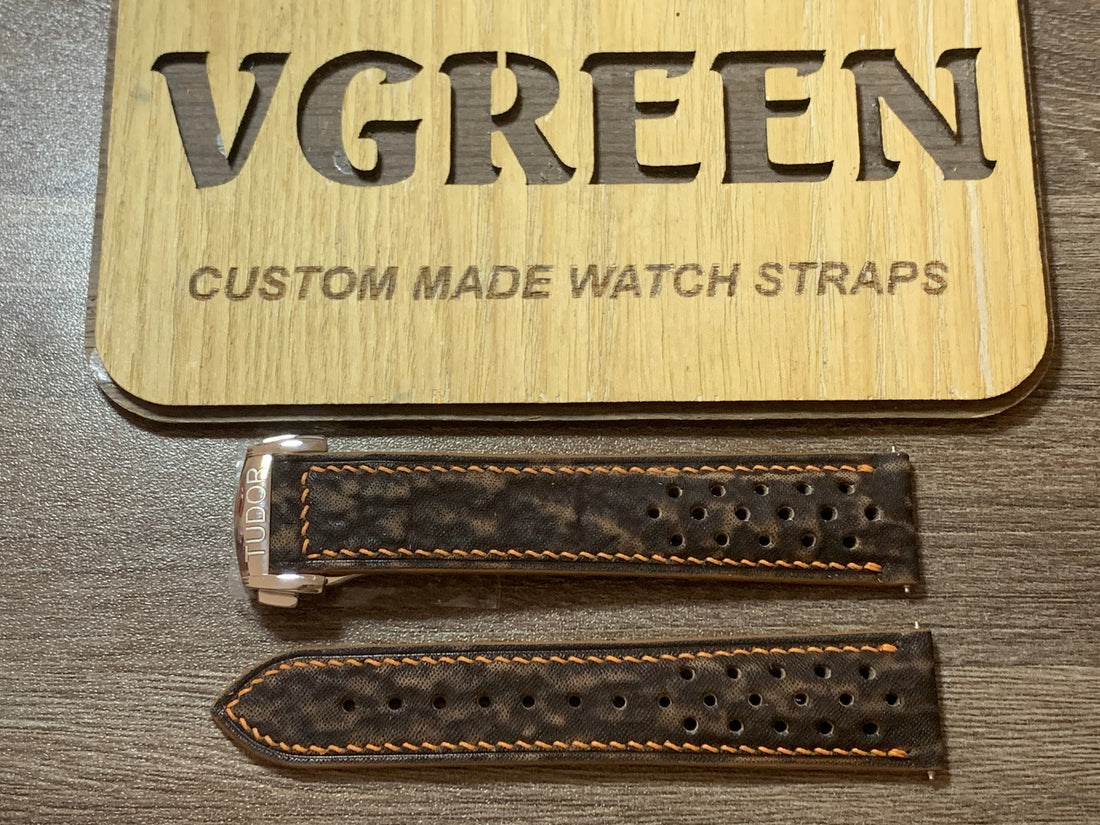 Brown shark skin racing strap for a Tudor Black Bay 58 GMT, golden brown side stitching