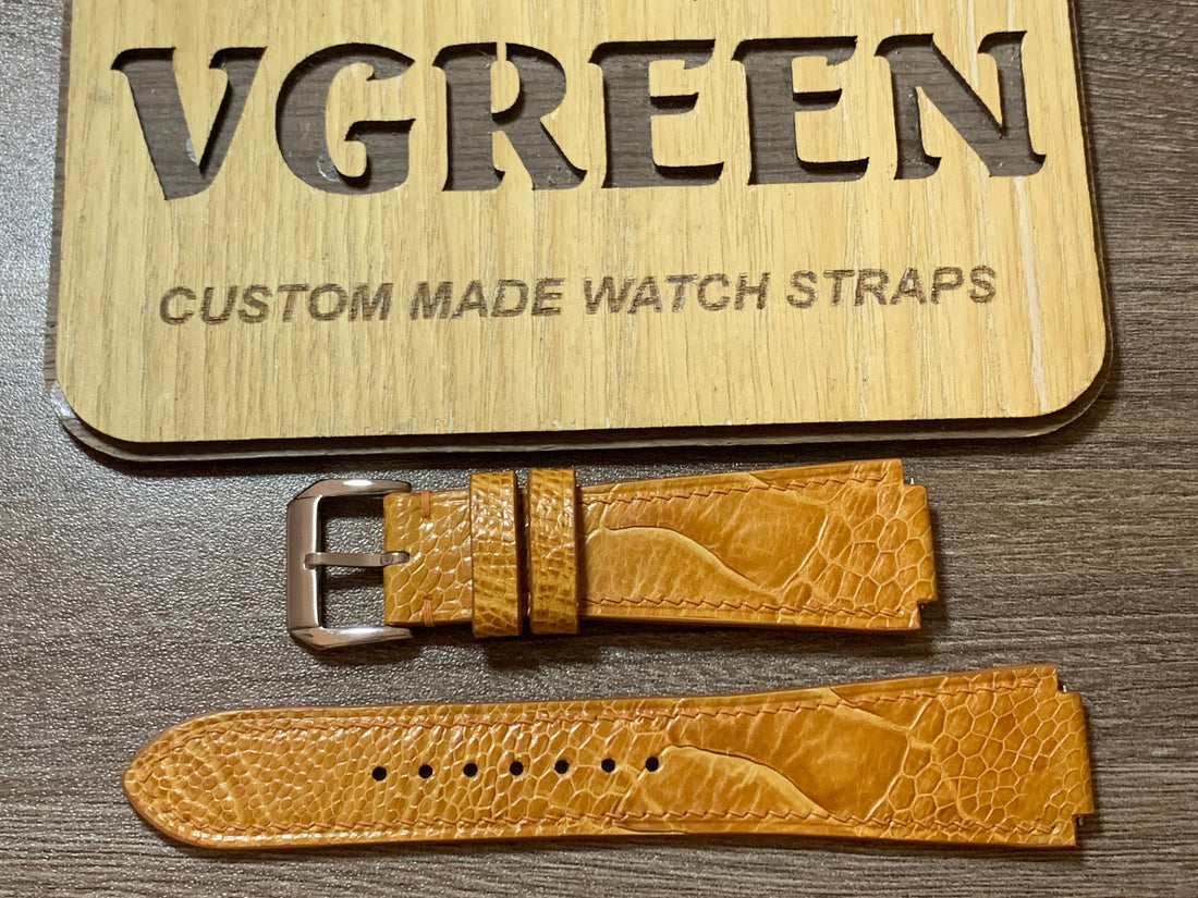 Light brown ostrich leg corner-notched watch strap for a 1927 Hamilton barrel case