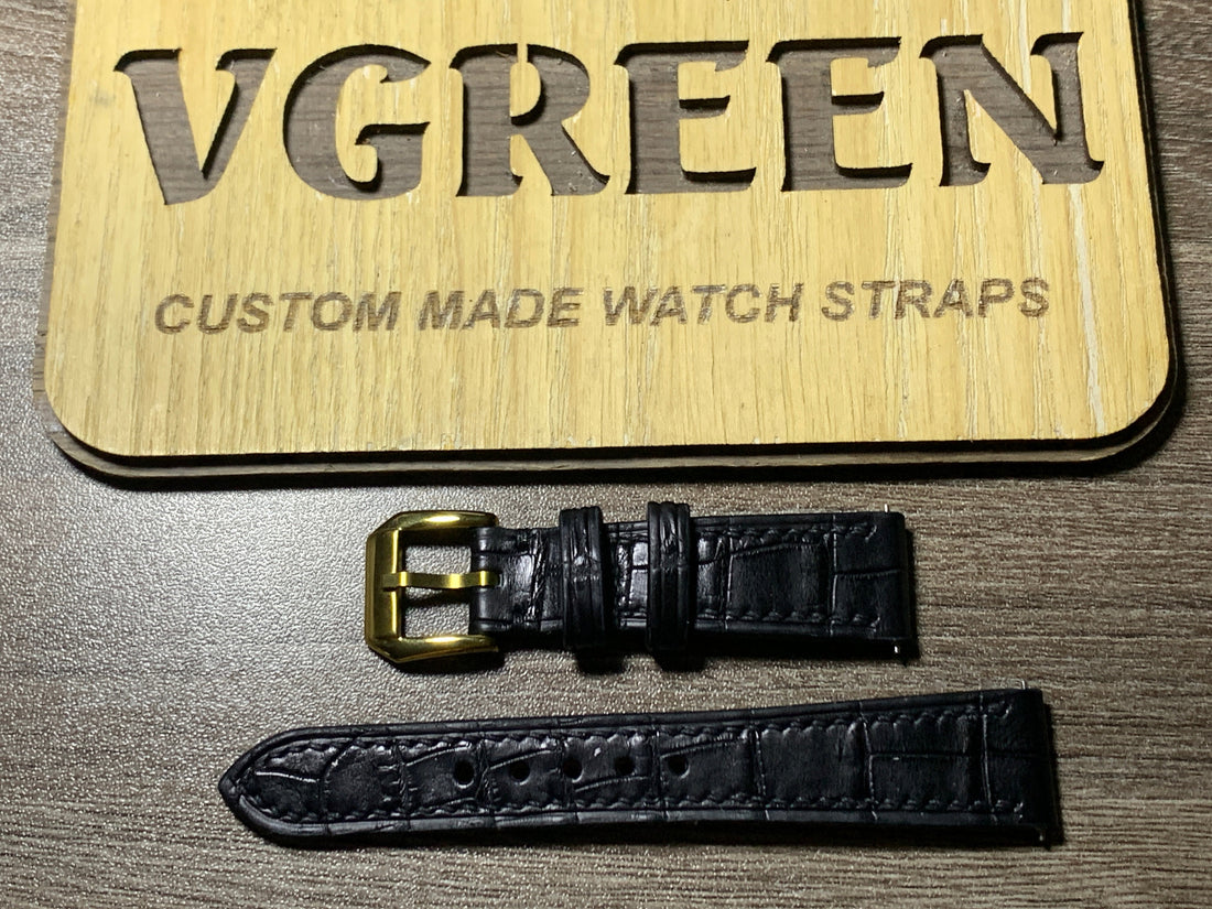 Black crocodile watch strap for Cartier Tank Solo, 55/100mm short cut with gold buckle