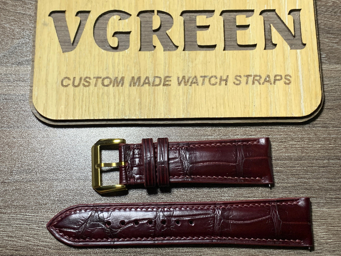 Burgundy crocodile watch strap for Seiko SUP880 with gold buckle