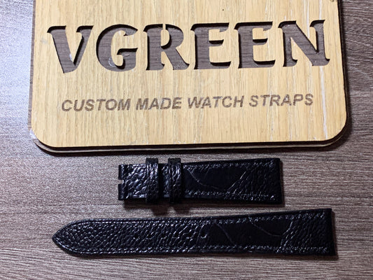Black ostrich leg watch strap for Omega De Ville Trésor, 20 mm tapering to 16 mm