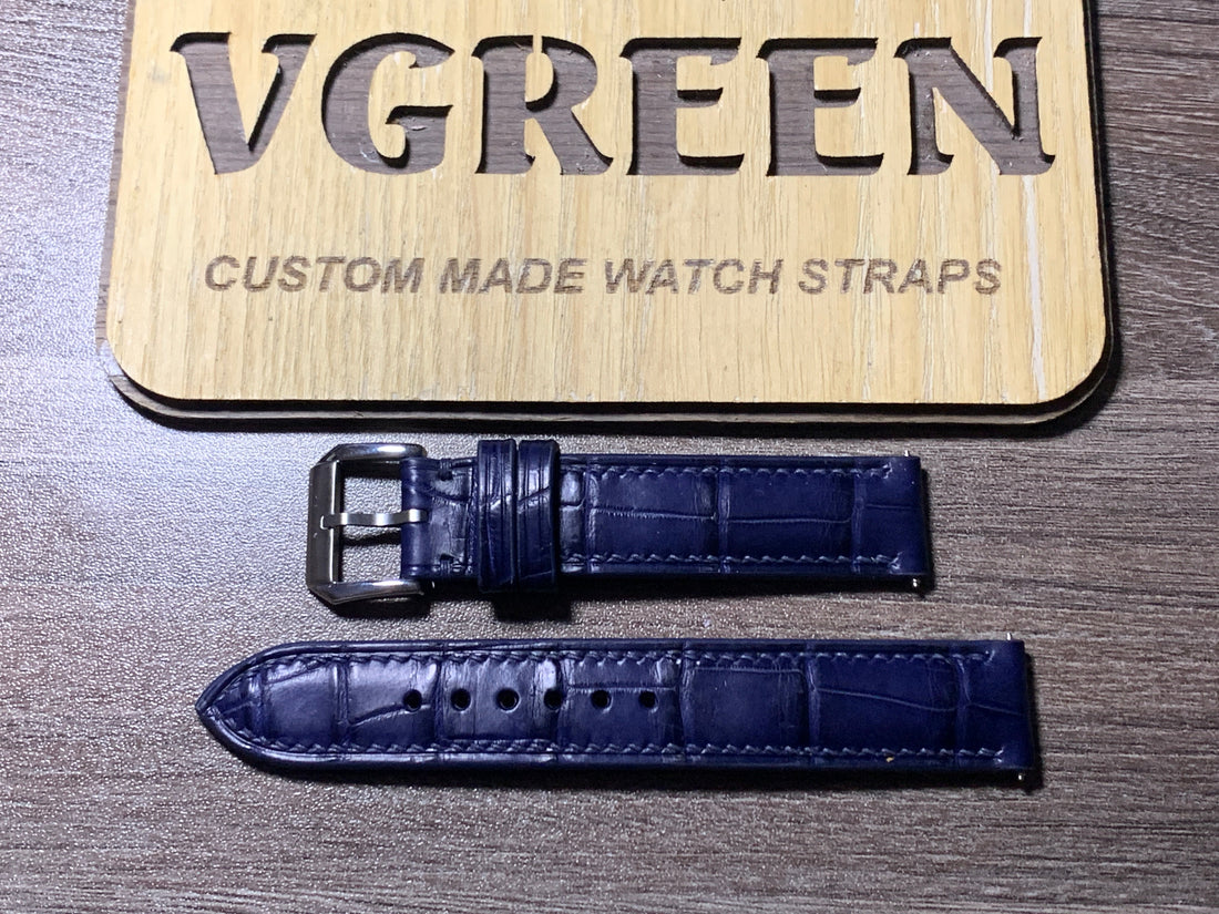 Dark blue crocodile watch strap for a Nomos Tangente 35, classic stainless steel buckle