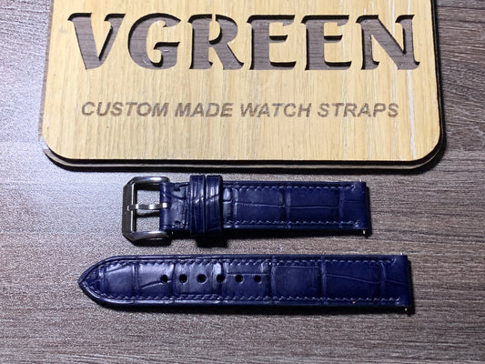 Dark blue crocodile watch strap for a Nomos Tangente 35, classic stainless steel buckle