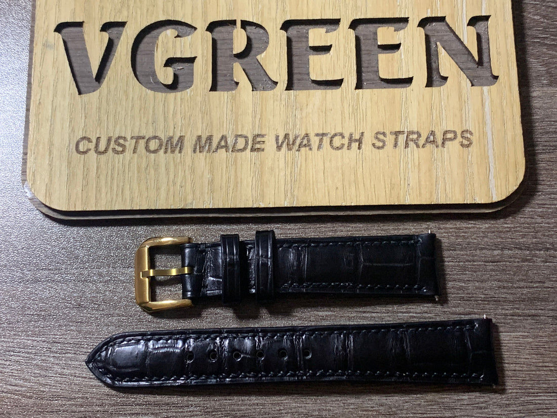 Black crocodile curved-end watch strap for Baume & Mercier Hampton, gold buckle