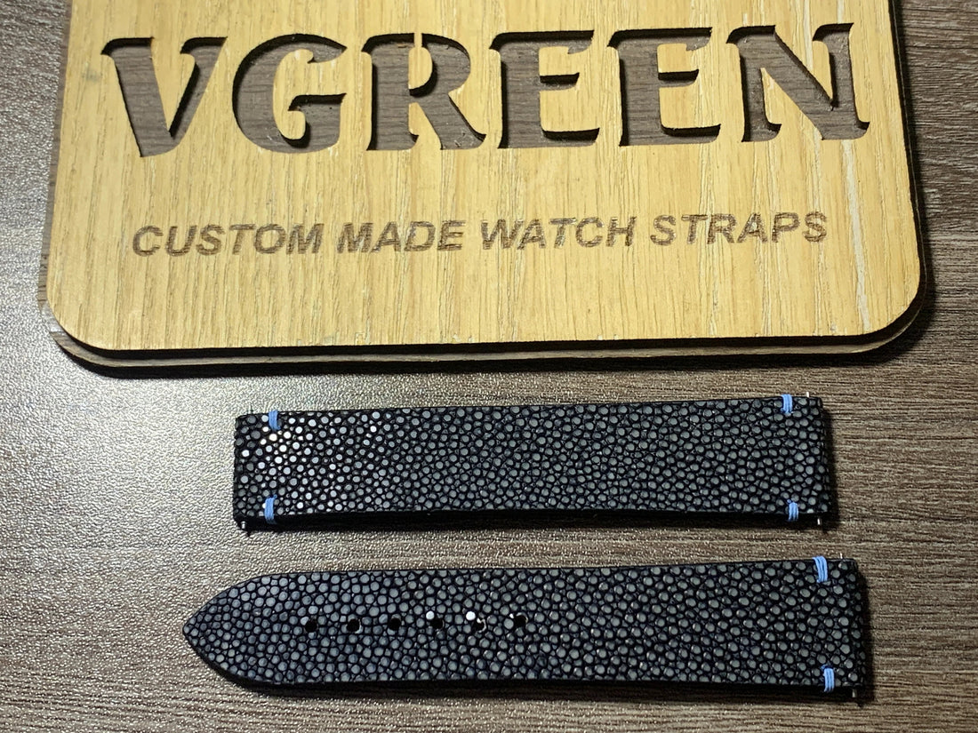Black stingray watch strap for Zelos Skyraider, powder blue stitching