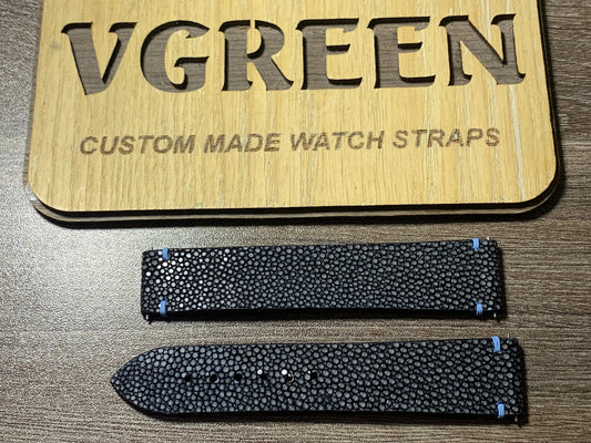 Black stingray watch strap for Zelos Skyraider, powder blue stitching