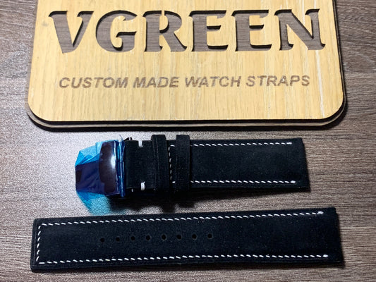 Black suede watch strap for Tudor Black Bay Bronze, white side stitch