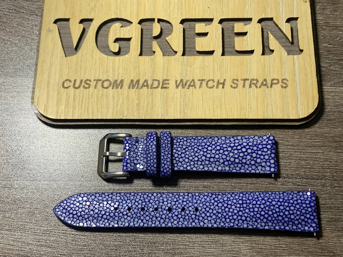 Blue stingray watch strap for Orient Mako, minimal stitching