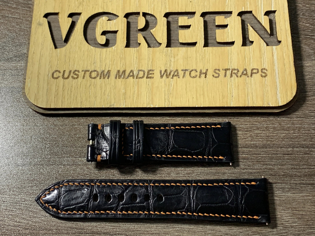Black crocodile watch strap for Tissot Seastar 2000, golden brown side stitching