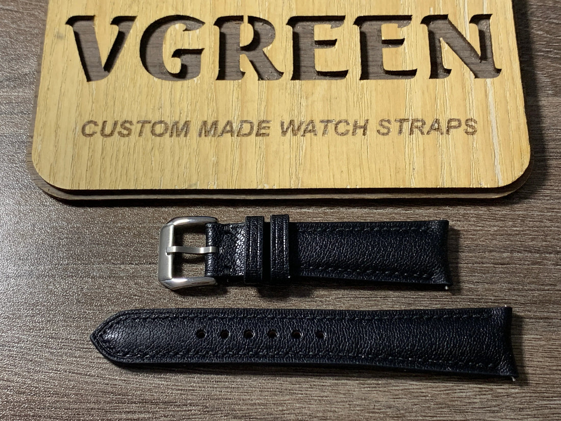 Black leather curved-end watch strap for Rolex Explorer 124270, quick release