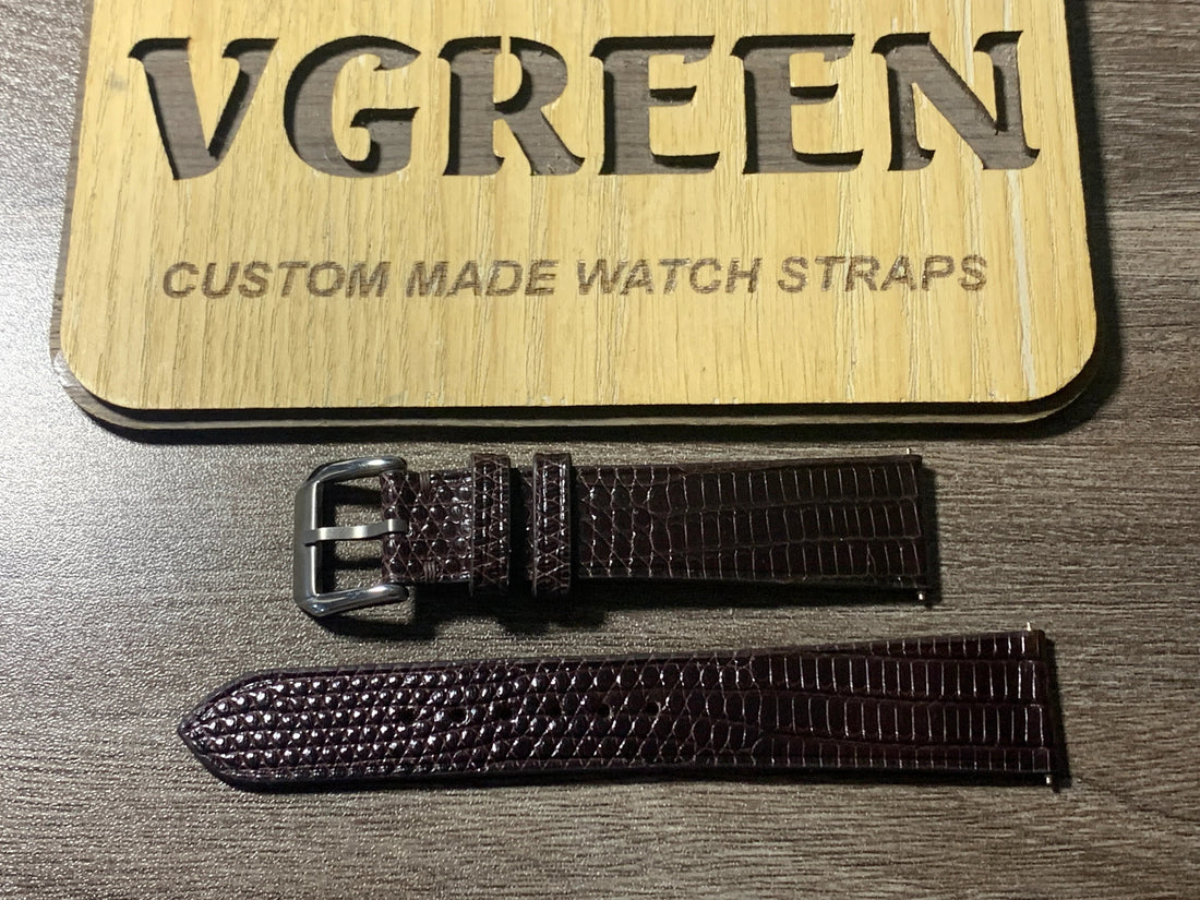 Dark brown lizard watch strap for vintage Rolex 1501, cut to 18mm lug