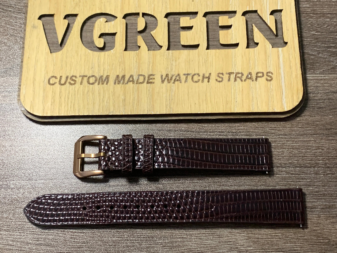 Dark brown lizard watch strap for vintage Rolex Cellini, gold buckle