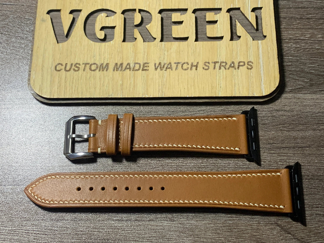 Extra-long brown Barenia leather Apple Watch strap, cream side stitching